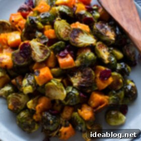 Cranberry Dijon Roasted Brussels and Squash 2 Roasted Brussels Sprouts and Squash with Dried Cranberries and Dijon Vinaigrette -- the perfect side dish for #Thanksgiving!