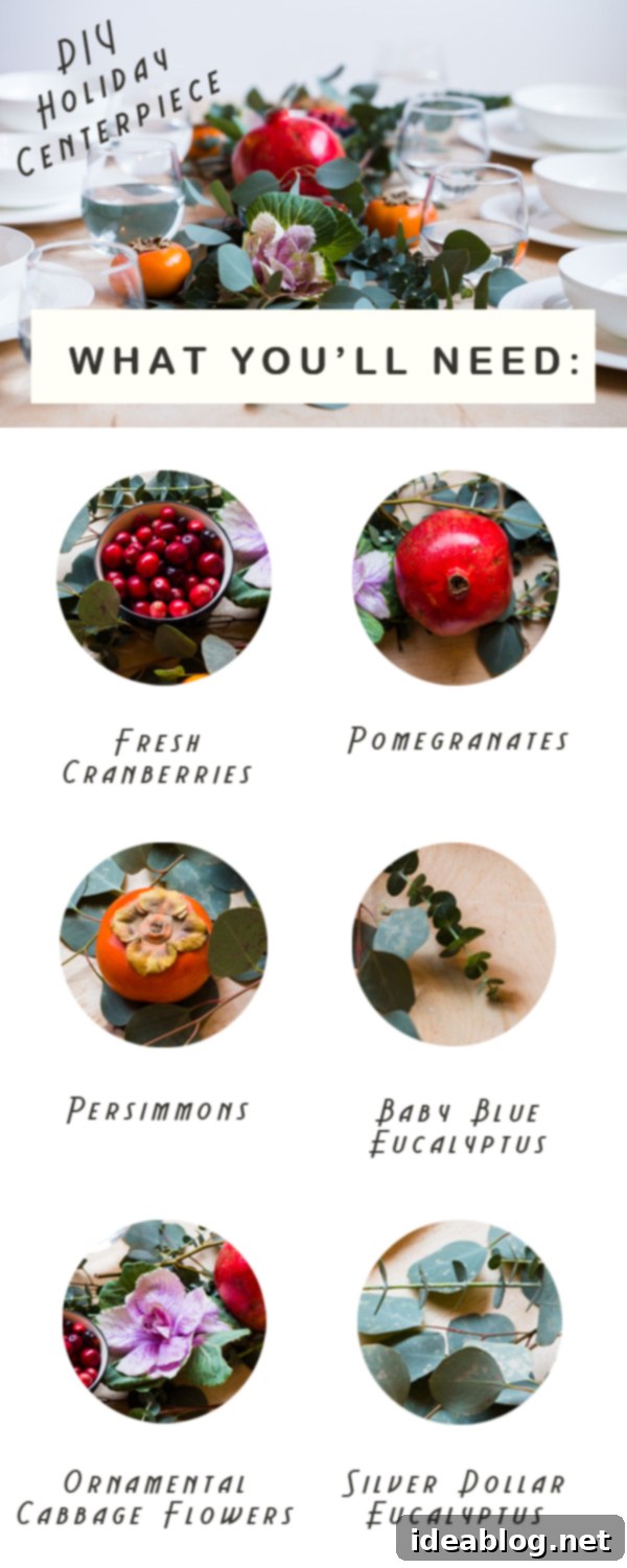 Your Instant Holiday Table Sparkle 6 Ingredients laid out for DIY edible centerpiece: pomegranates, persimmons, cranberries, eucalyptus, ornamental cabbage, bowls