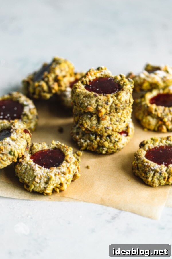 Pistachio Thumbprint Cookies with Raspberry Jam - classic thumbprint cookies are given a festive twist with homemade pistachio flour, chopped pistachios, and a raspberry jam filling! #cookies #abeautifulplate #pistachio #raspberry #thumbrpints #holidays #recipe  Festive Pistachio Thumbprint Cookies filled with vibrant Raspberry Jam, perfect for holiday gatherings