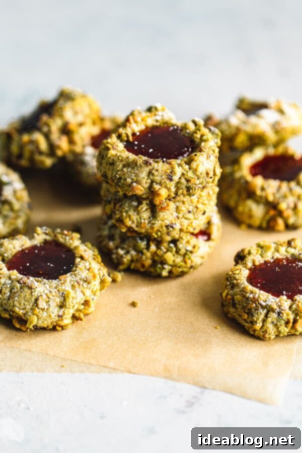Pistachio Thumbprint Cookies with Raspberry Jam - classic thumbprint cookies are given a festive twist with homemade pistachio flour, chopped pistachios, and a raspberry jam filling! #cookies #abeautifulplate #pistachio #raspberry #thumbrpints #holidays #recipe  Finished Pistachio Thumbprint Cookies with glossy raspberry jam centers, dusted with powdered sugar