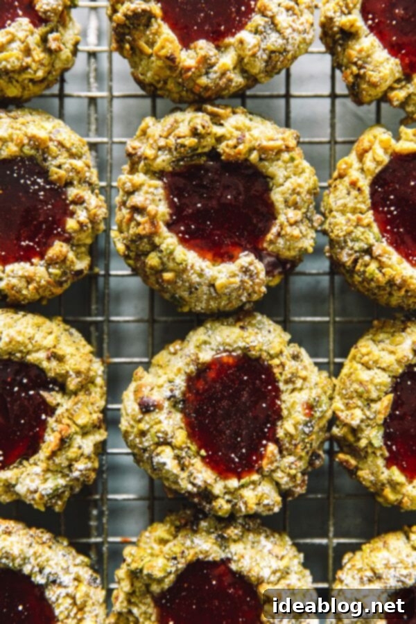 Jam-Filled Pistachio Thumbprint Cookies 2 Freshly baked Pistachio Thumbprint Cookies cooling on a wire rack