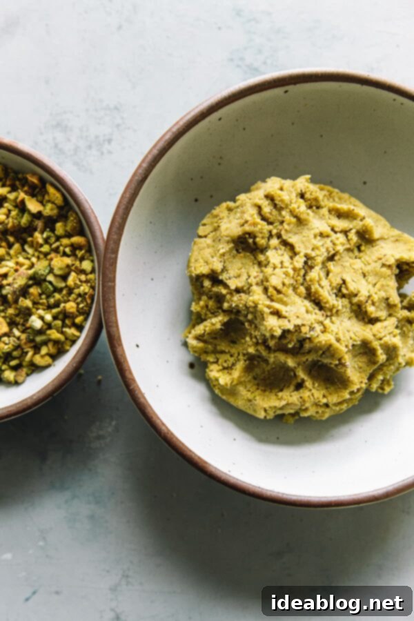 Jam-Filled Pistachio Thumbprint Cookies 5 Soft and vibrant green pistachio thumbprint cookie dough ready for shaping