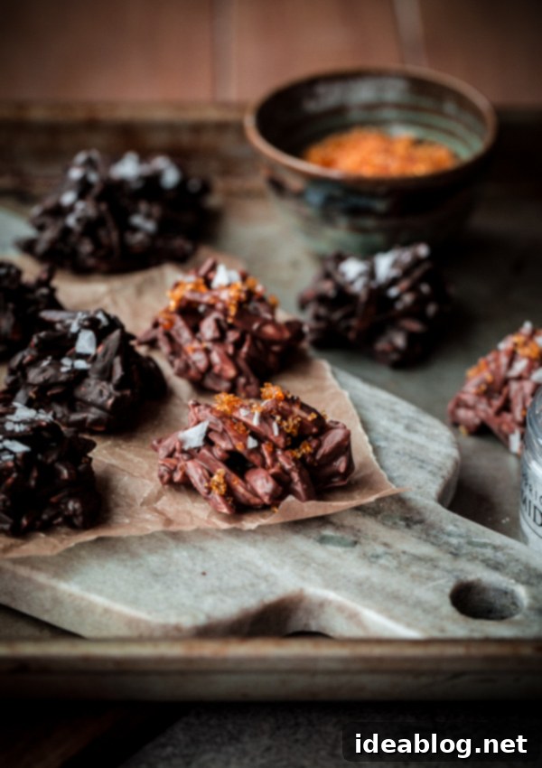 Irresistible Salted Caramel Chocolate Clusters 2 Milk and Dark Chocolate Rochers with Caramel Sugar and Sea Salt, beautifully arranged for a festive treat
