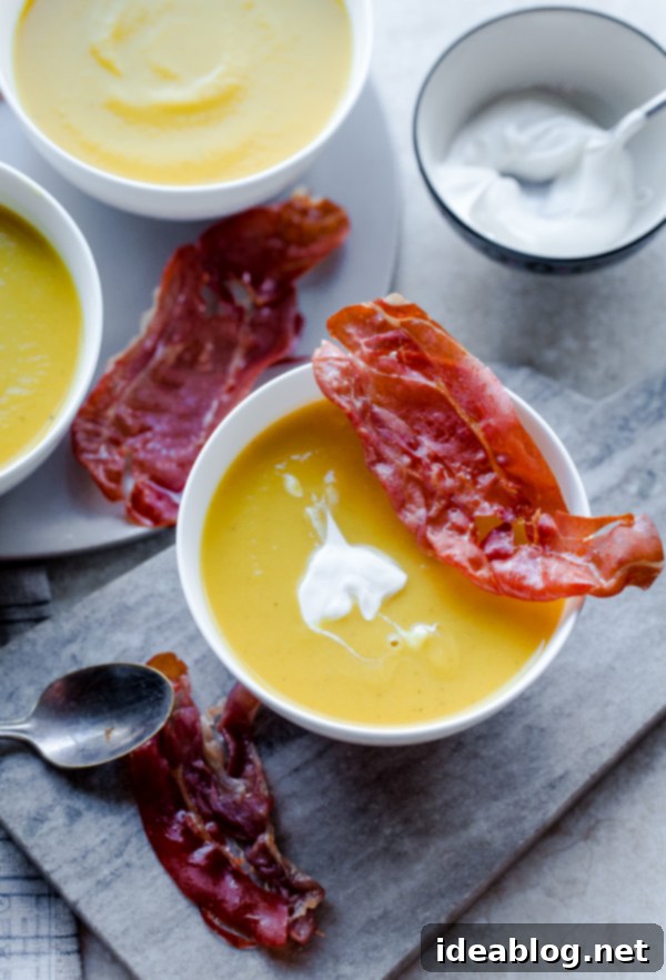 Velvety Butternut Leek Soup with Prosciutto Crisps and Crème Fraîche 6 Gourmet Butternut Squash and Leek Soup with Crispy Prosciutto and Crème Fraîche