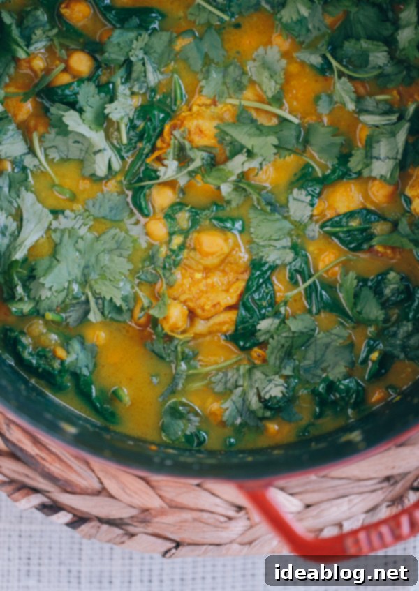 Slow-Braised Indian Chicken and Chickpea Curry 6 Close-up of the delicious Braised Indian Chicken with Chickpeas and Spinach
