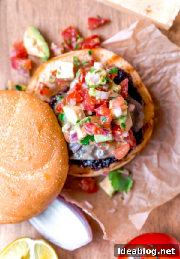 Zesty Southwest Avocado Jack Burgers 2 Southwest Burgers with Melted Pepper Jack Cheese and Fresh Avocado Tomato Salsa