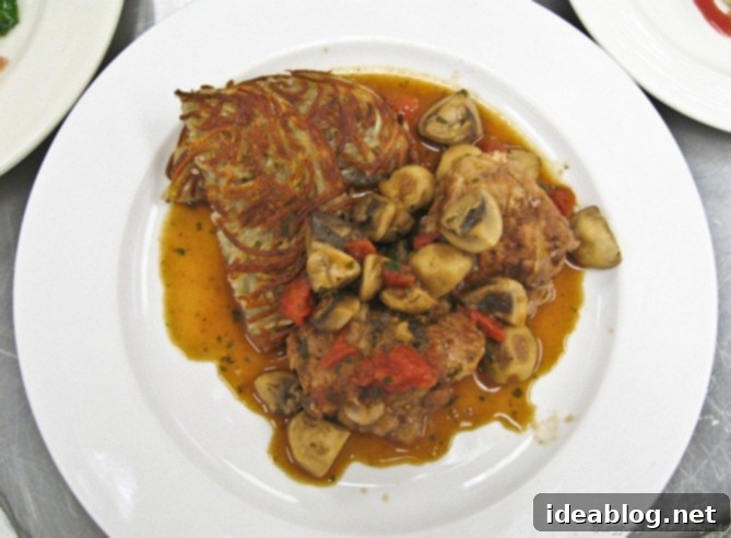 Day 24 French Feast Artichoke Chasseur Napoleon 7 Plated Chicken Chasseur with Pomme Darphin