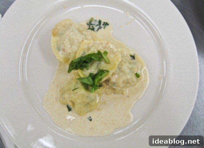 Homemade Comfort: Ravioli, Scrambled Eggs and Brownies 5 Plated Shrimp Ravioli with Basil Cream Sauce