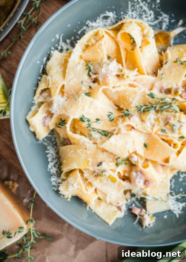 Creamy Leek and Pancetta Pappardelle Pasta: A delicious 30-minute recipe scaled for two! Creamy Leek and Pancetta Pappardelle Pasta dish for two, garnished with fresh herbs