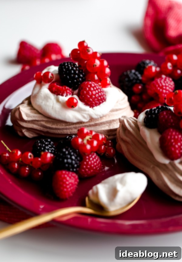 Sweetheart Chocolate Meringue Berry Delights 4 Chocolate Heart Meringue Cups with Whipped Cream and Berries. An elegant, simple dessert for Valentine's Day!