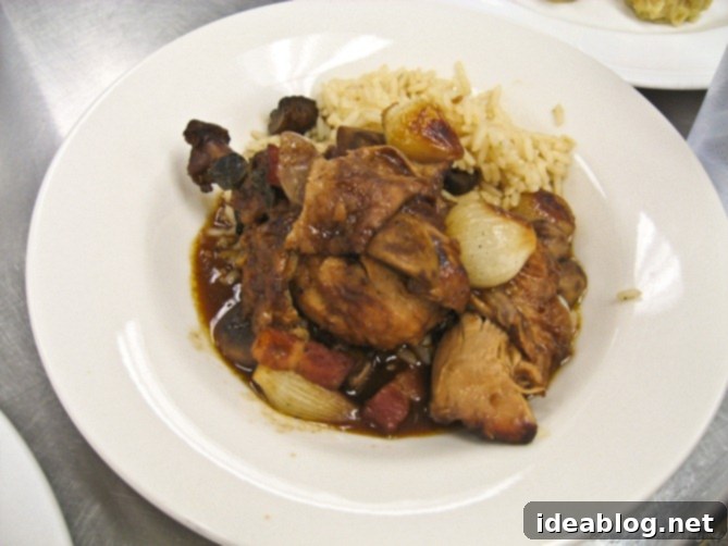 Day 18: An Unexpected Feast - Coq Au Vin, Tarte Tatin, and Dim Sum 5 Plated Coq Au Vin with Rice Pilaf