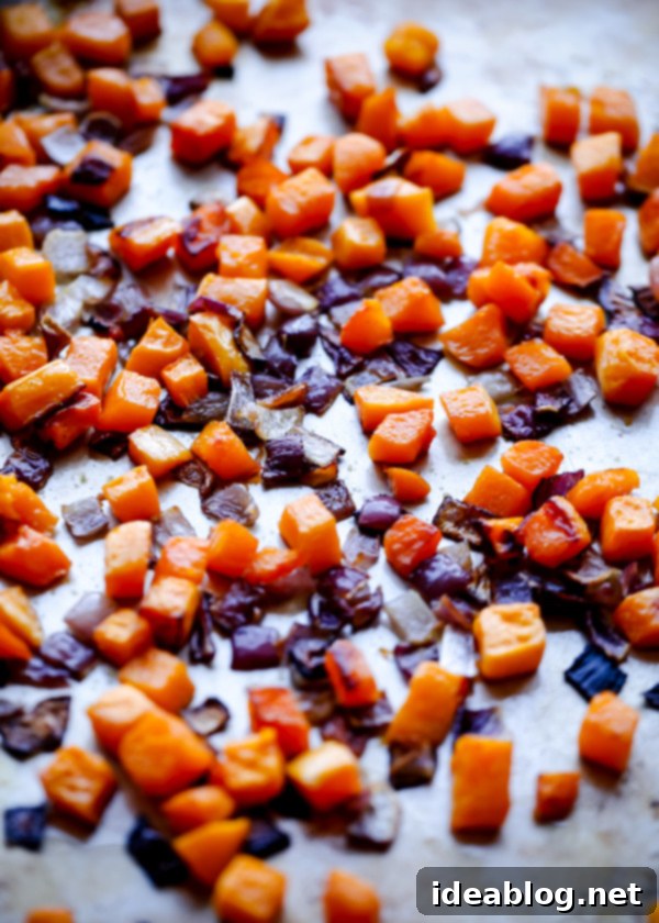 Golden Butternut Feta Hand Pies 3 Roasted Butternut Squash and Onion - close up of caramelized vegetables