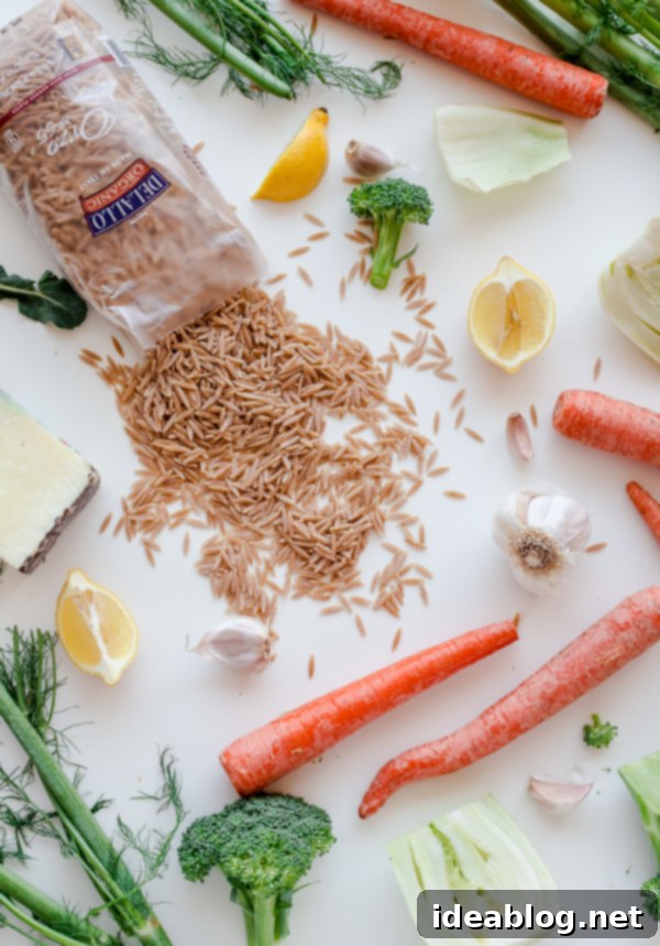 Roasted Vegetable Orzo Salad. A healthy, veggie-packed pasta with pecorino cheese and crunchy almonds!  Ingredients for Roasted Vegetable Orzo Salad with broccoli, fennel, carrots, orzo, lemon, and pecorino