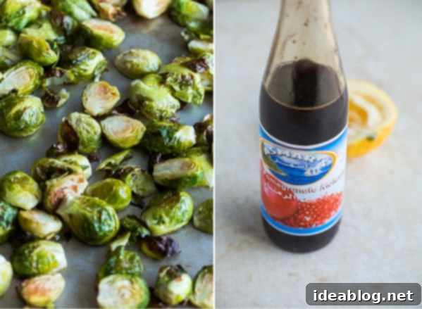 Pomegranate Brussels Sprout Salad with Hazelnuts and Parmesan 3 Roasted Brussels sprouts and pomegranate molasses