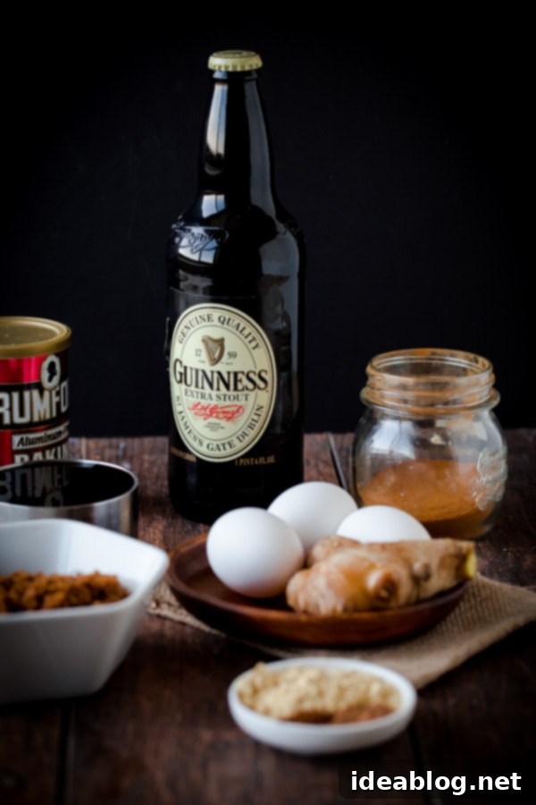 Guiness Stout Cake with Bailey's Cream Cheese Frosting - a festive St. Patrick's Day dessert! Dark, spiced Guinness stout cake topped with a homemade cream cheese frosting infused with Bailey's Irish cream. #cake #stpatricksday #dessert #holiday #recipe #abeautifulplate.com Essential ingredients for baking a delicious Guinness Stout Cake