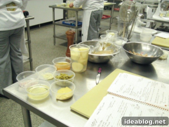 Savory Charcutiere Pork Chops Sweet Coffee Éclairs 3 Mise en place for French cooking, showing various ingredients prepped