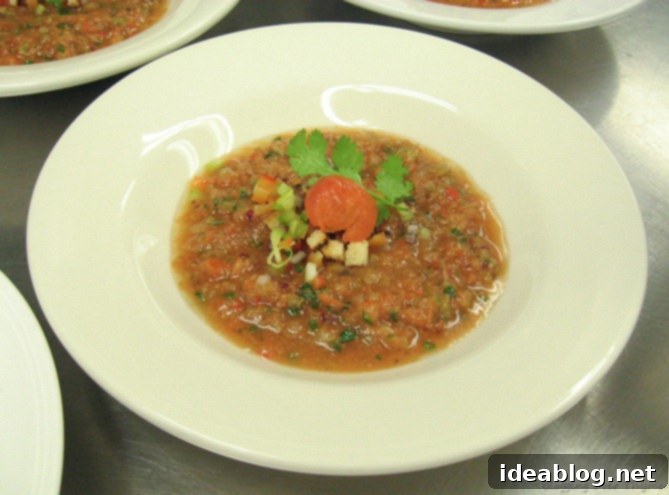 Savory Charcutiere Pork Chops Sweet Coffee Éclairs 5 Freshly made gaspacho soup with garnish