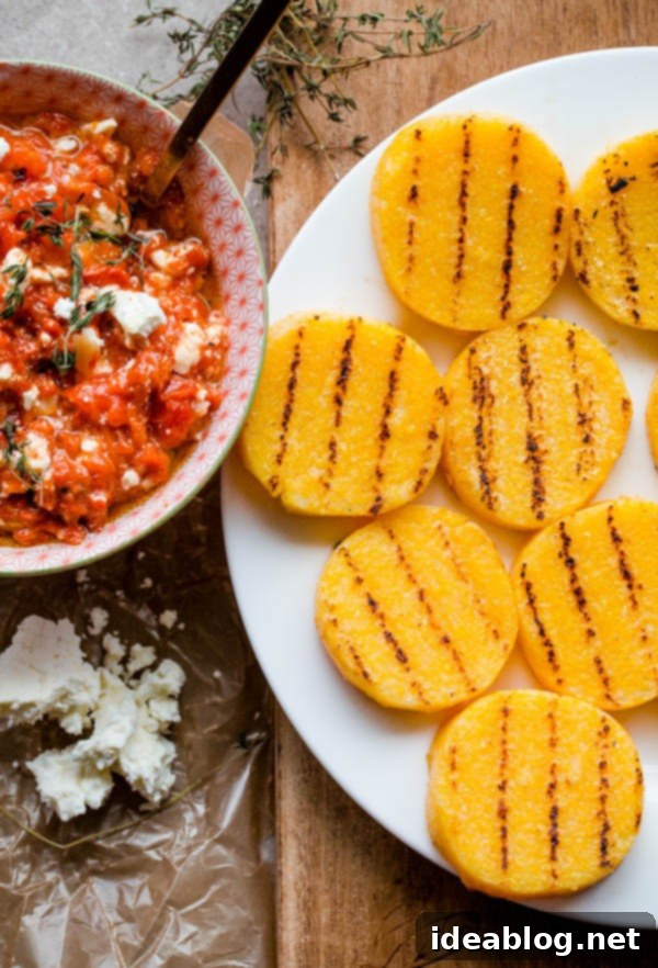 Grilled Polenta Bites with Sweet Red Pepper, Tangy Feta, and Aromatic Thyme 6 Grilled Polenta Bites with Roasted Red Pepper, Feta, and Thyme