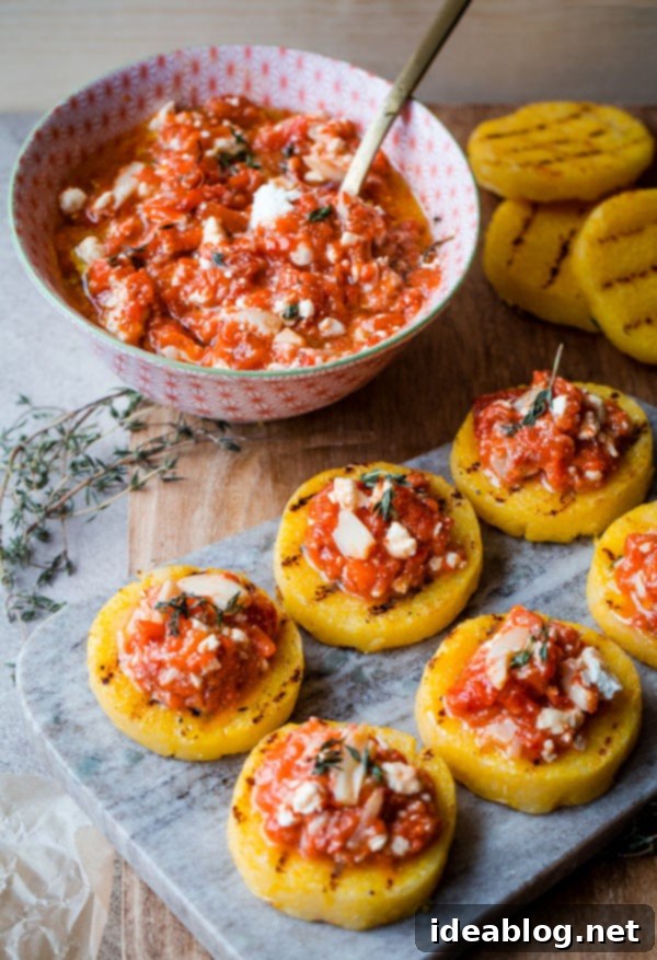 Grilled Polenta Bites with Sweet Red Pepper, Tangy Feta, and Aromatic Thyme 7 Grilled Polenta Bites with Roasted Red Pepper, Feta, and Thyme