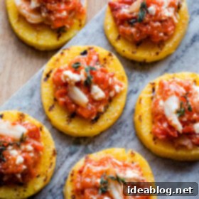 Grilled Polenta Bites with Sweet Red Pepper, Tangy Feta, and Aromatic Thyme 8 Grilled Polenta Bites with Roasted Red Pepper, Feta, and Thyme
