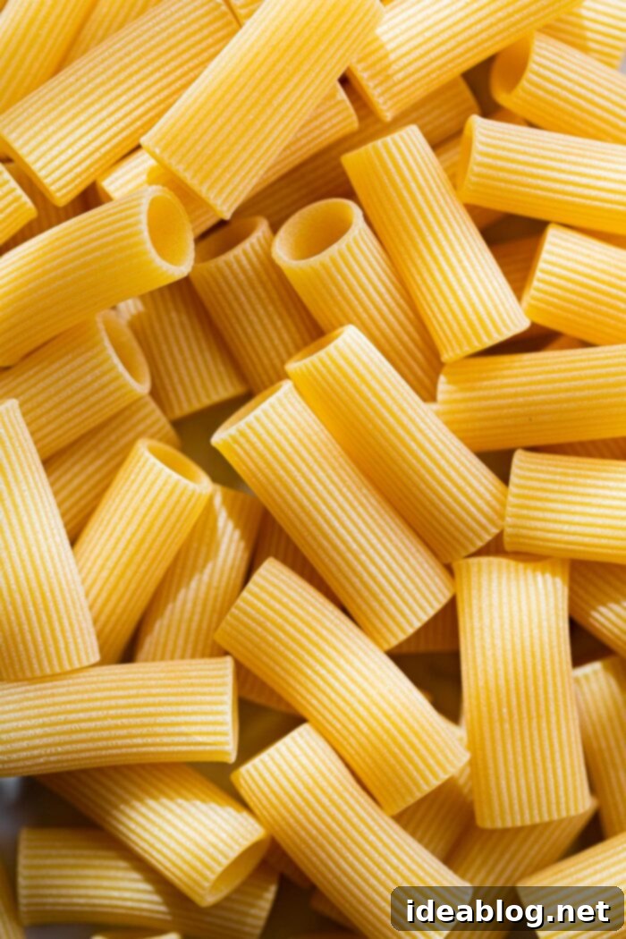 Amatriciana Pasta 5 Dried rigatoni pasta piled high, ready to be cooked for Pasta Amatriciana.