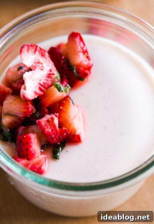 Basil-Kissed Strawberry Buttermilk Panna Cotta 5 Another view of the Strawberry Buttermilk Panna Cotta, showcasing its smooth texture and the fresh, colorful topping of macerated strawberries and basil.