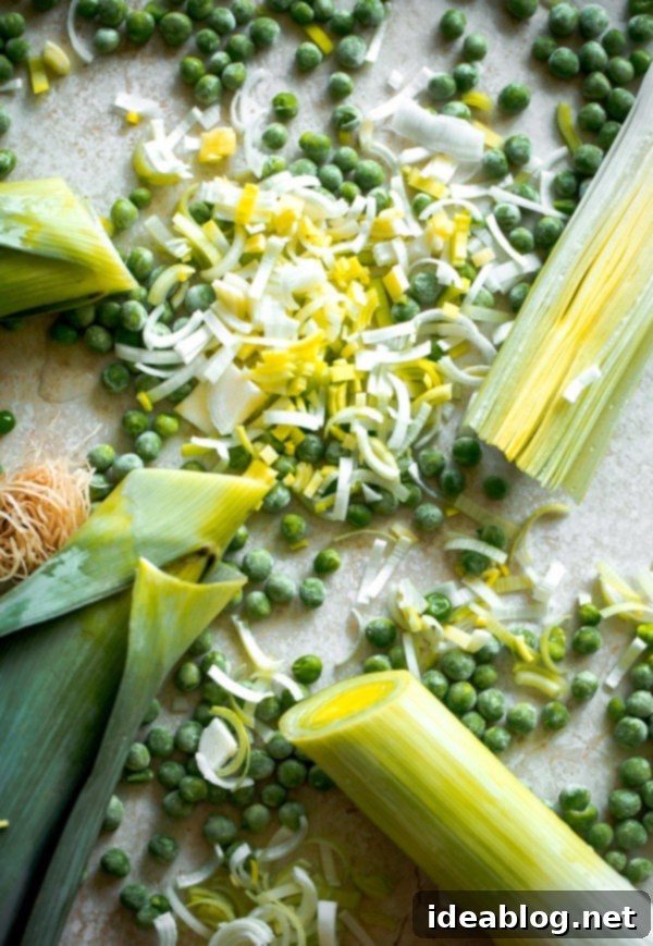 Spring Pea and Leek Soup with Poached Eggs 3 Freshly sliced leeks, ready for a chunky pea and leek soup recipe