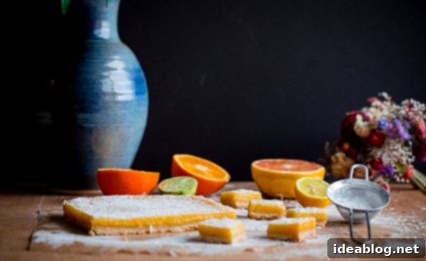 Bright Citrus Coconut Shortbread 8 Two Four Citrus Coconut Shortbread Bars shown at an angle, emphasizing their delectable thickness and the delicate powdered sugar coating