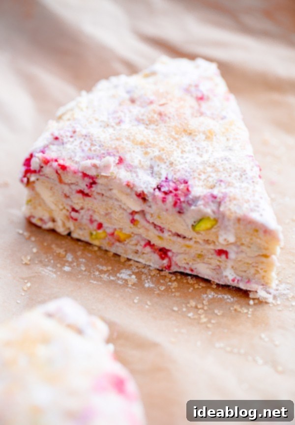 Bright Raspberry Pistachio Scones with Zesty Lemon Glaze 4 Unbaked Raspberry Pistachio Scones Ready for the Oven