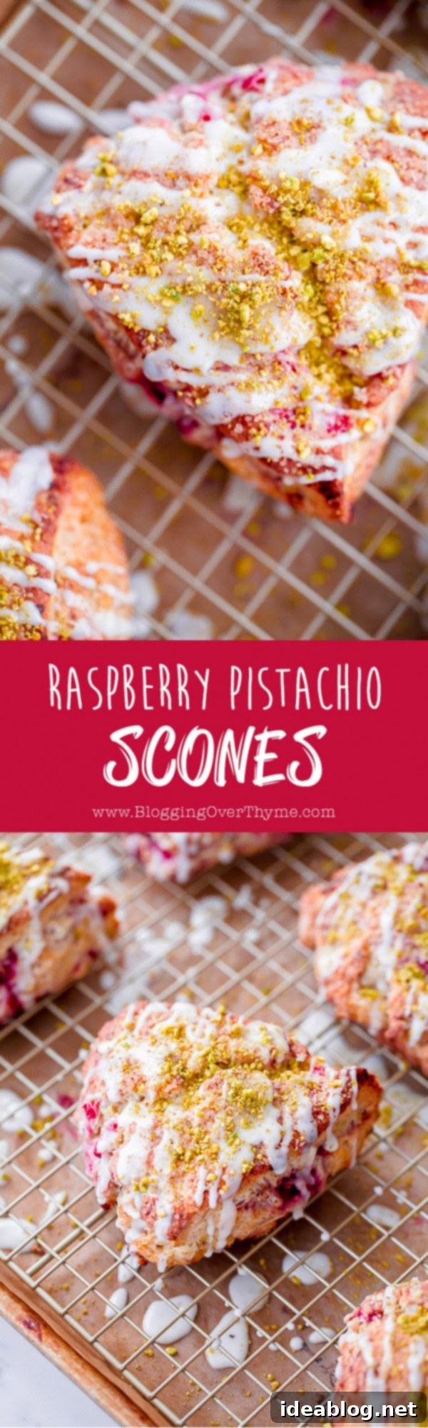 Bright Raspberry Pistachio Scones with Zesty Lemon Glaze 8 Raspberry Pistachio Scones with Lemon Glaze. So delicious and flaky!