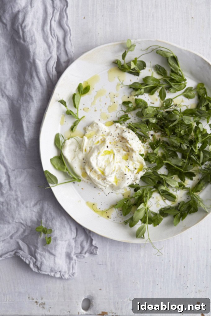 Summer Burrata Delights: 12 Irresistible Recipes 13 Pea Shoots with Burrata, Lemon Olive Oil, and Toasted Sesame Seeds