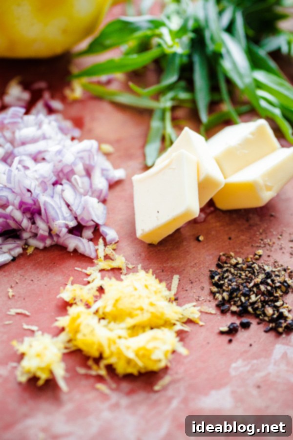 Fresh ingredients laid out for making the flavorful Tarragon Shallot Butter Ingredients for Tarragon Shallot Butter including fresh tarragon and finely diced shallots