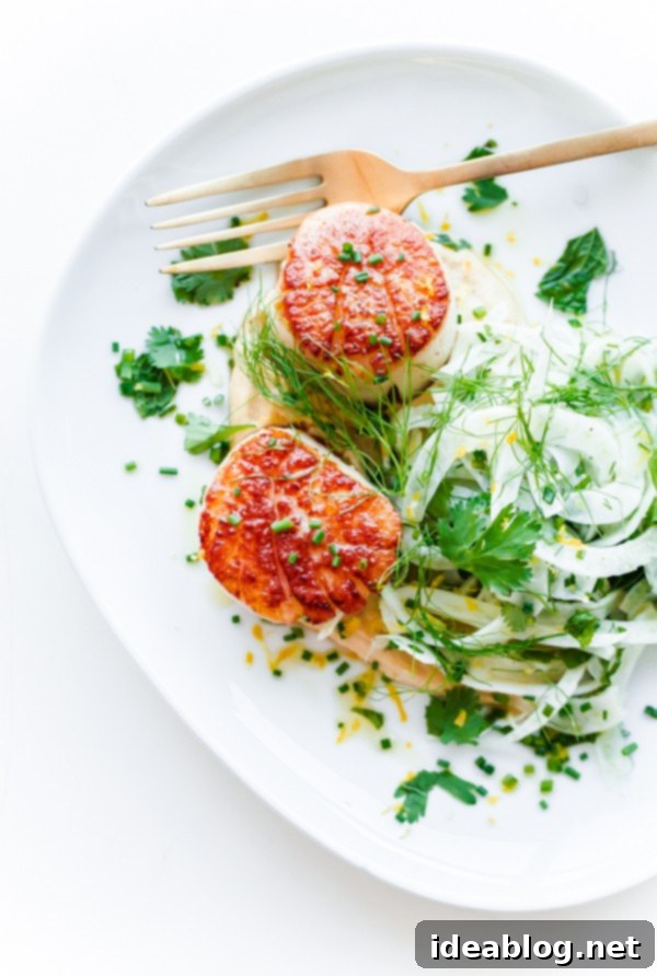 Mediterranean Scallops with Creamy Hummus & Crisp Fennel 8 Seared Scallops Plated with Shaved Fennel Salad and Hummus