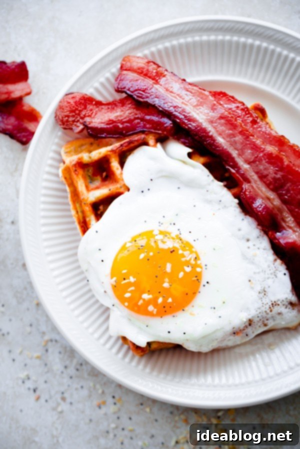 Everything-Spiced Morning Waffles 5 Everything Bagel Breakfast Waffles. Topped with sunny-side eggs and crispy bacon!