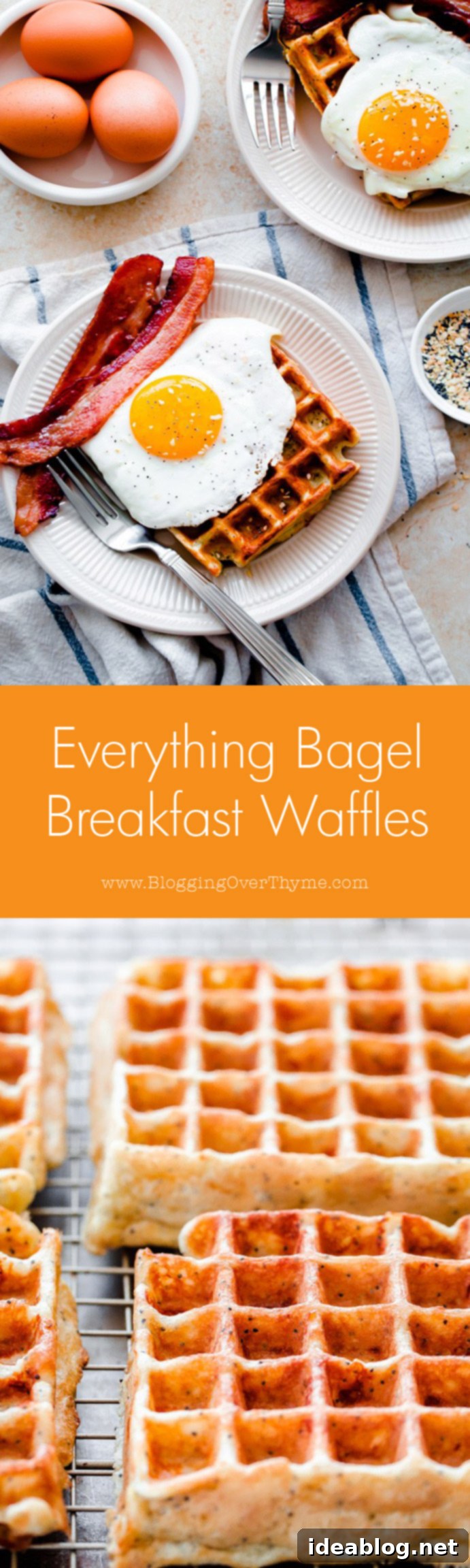 Everything-Spiced Morning Waffles 7 Everything Bagel Breakfast Waffles. Topped with sunny-side eggs and crispy bacon!