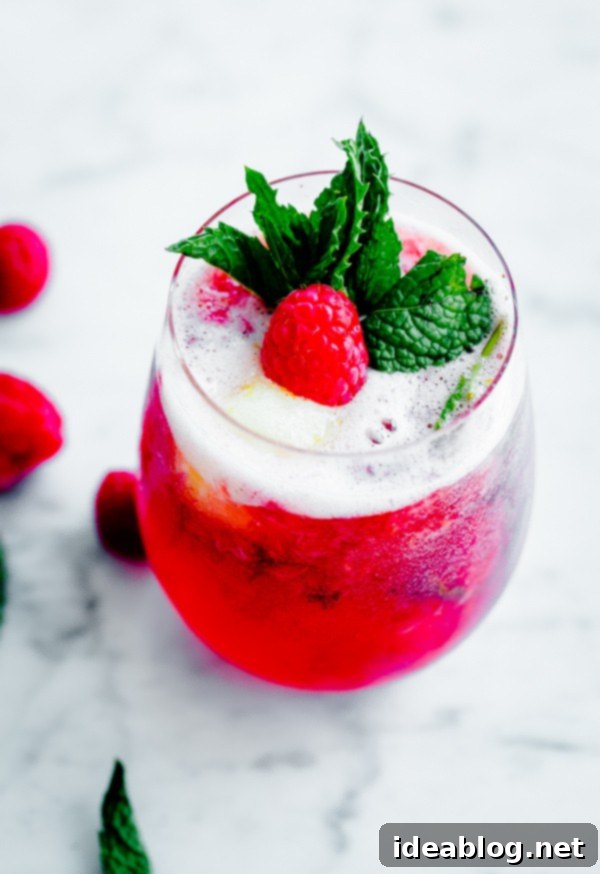 Effervescent Raspberry Mint Float 2 Sorbet Prosecco Floats with Muddled Raspberries and Mint, a refreshing summer cocktail.