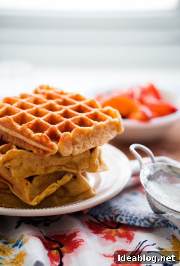 Golden Belgian Waffles with Sun-Kissed Peaches & Vanilla Cloud 6 Tall stack of golden brown Belgian Buttermilk Waffles, fluffy and ready for toppings