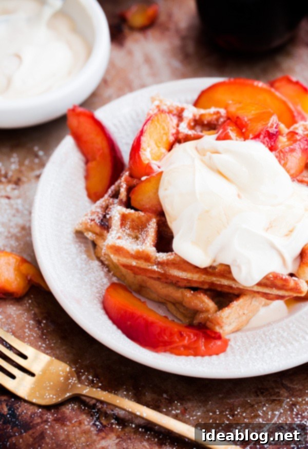 Golden Belgian Waffles with Sun-Kissed Peaches & Vanilla Cloud 7 A stunning close-up of a Belgian Buttermilk Waffle topped with luscious roasted peaches and a generous swirl of vanilla mascarpone