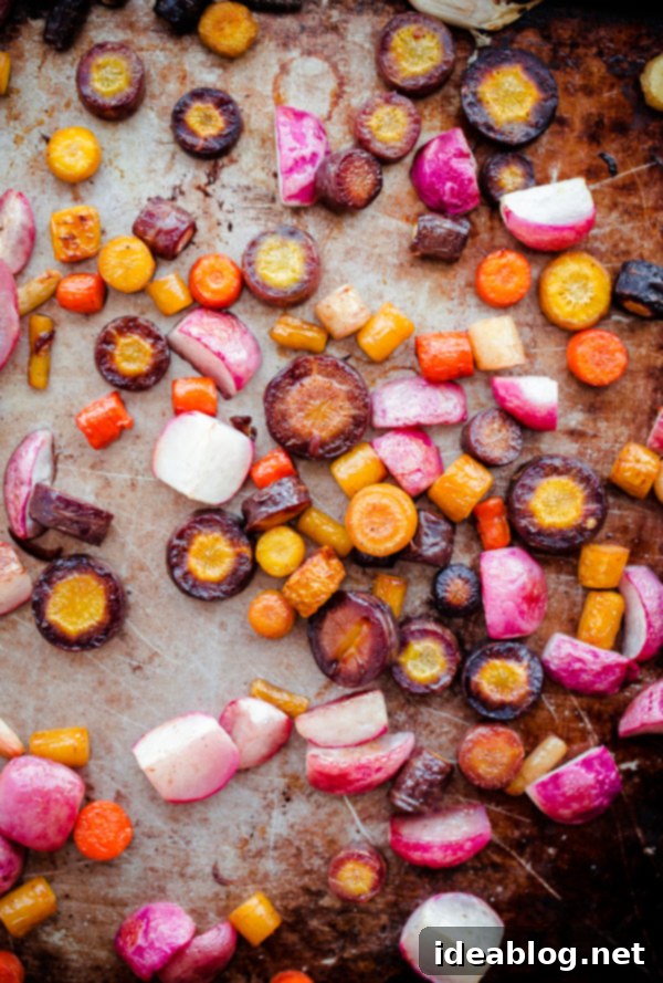 Sweet Roasted Rainbow Carrots Naturally sweet and caramelized roasted rainbow carrots, ready to be added to the lentil salad.