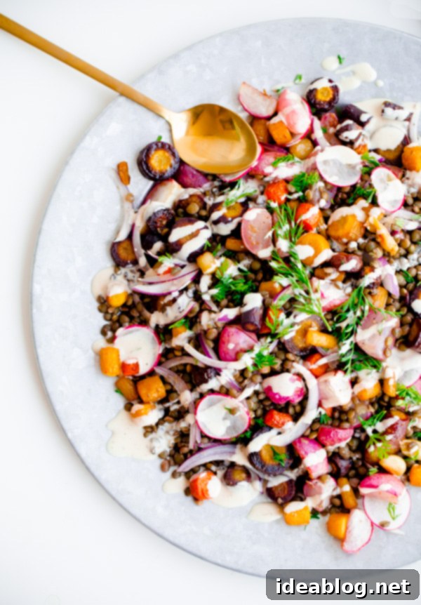 Roasted Carrot Lentil Salad with Radishes and Tahini Dressing Wholesome and protein-packed Roasted Carrot Lentil Salad, finished with a generous drizzle of Tahini Dressing.