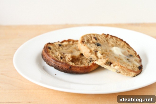 Homemade Cinnamon Raisin English Muffins 5 Sliced, toasted, and buttered cinnamon raisin English muffins