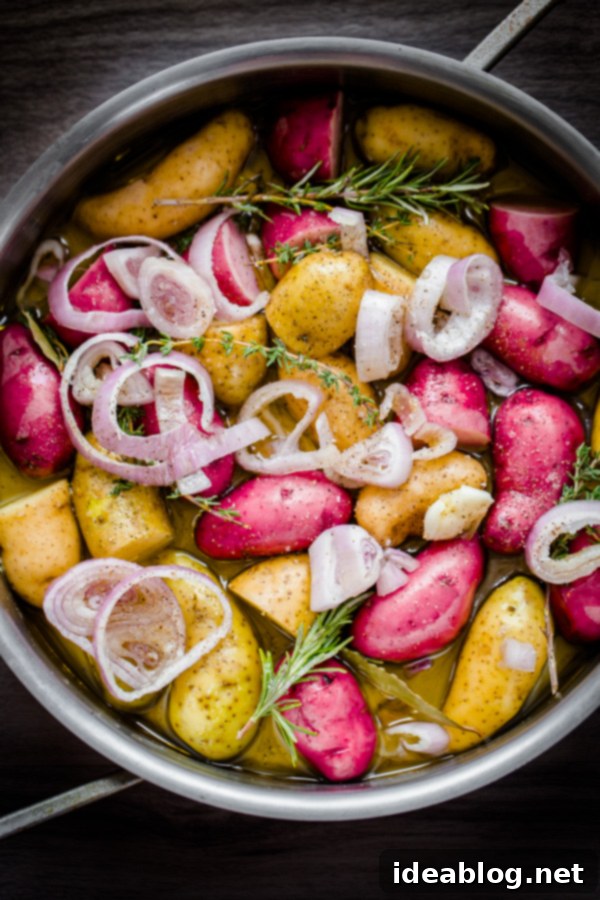 Braised Fingerling Potatoes with Garlic, Shallots, and Fresh Herbs. A cozy, easy-to-prepare side dish recipe for fall!  Braised Fingerling Potatoes with Garlic Shallots and Fresh Herbs, close up