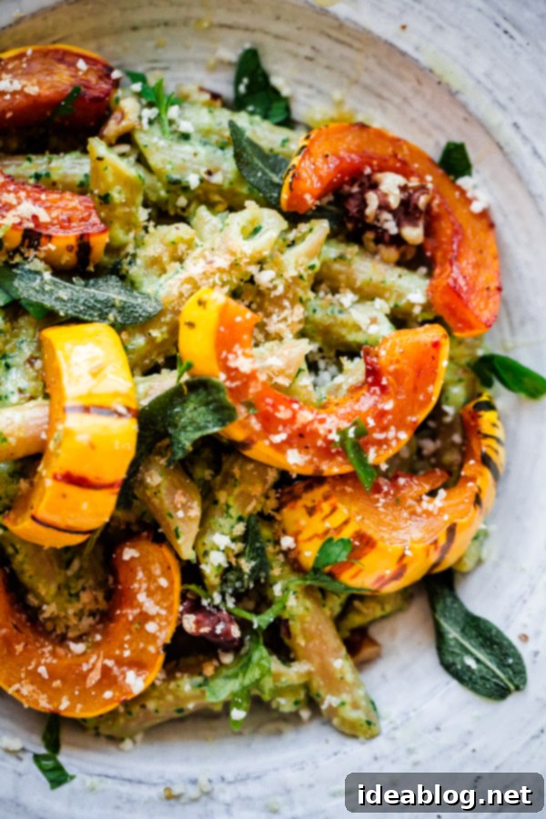 Wholesome Whole Wheat Pasta with Robust Walnut-Sage Pesto and Sweet Roasted Delicata Squash – A Healthy, Easy, and Flavorful Fall Vegetarian Delight!