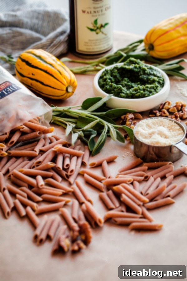 Delicious Whole Wheat Pasta with Homemade Walnut-Sage Pesto and Roasted Delicata Squash. A perfect, wholesome, and simple autumn vegetarian pasta!