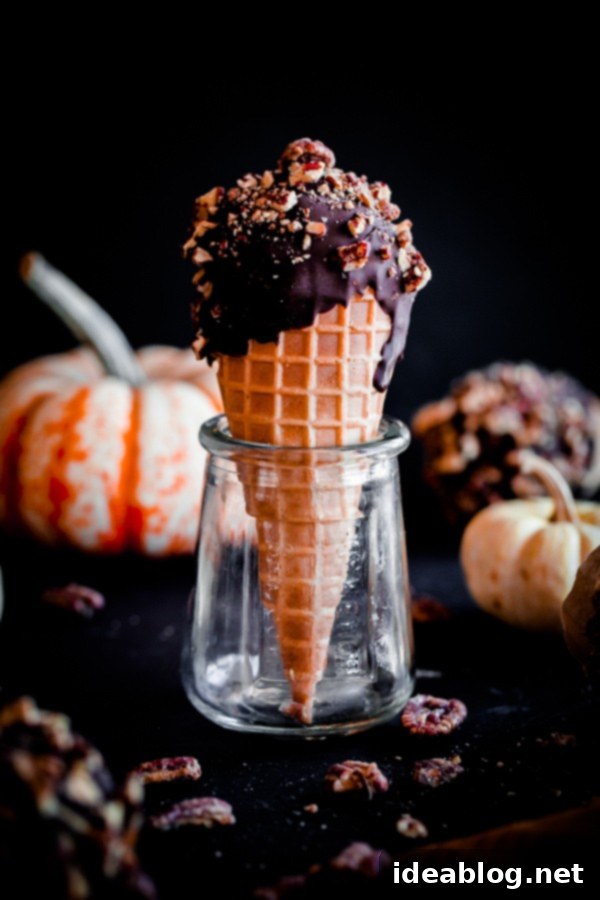 Spiced Pumpkin Drumsticks with Chocolate Pecan Crunch 5 Pumpkin Ice Cream Drumsticks with Chocolate and Candied Pecans