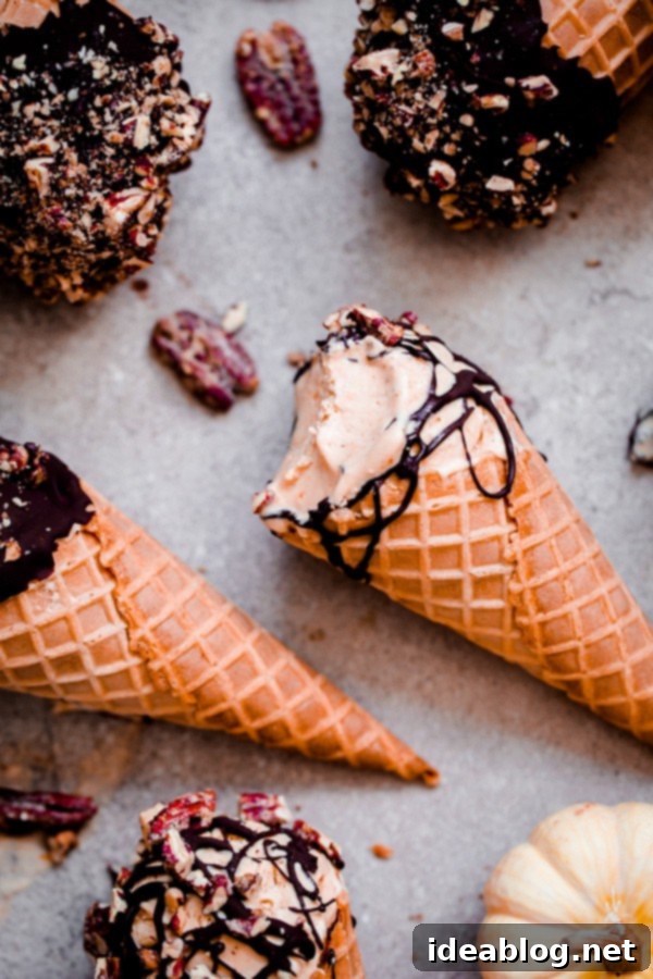 Spiced Pumpkin Drumsticks with Chocolate Pecan Crunch 6 Pumpkin Ice Cream Drumsticks with Chocolate and Candied Pecans
