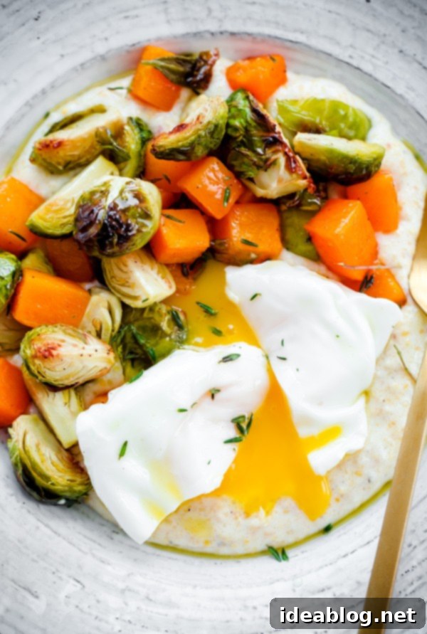 Creamy Goat Cheese Grits with Roasted Brussels Sprouts, Squash, and Poached Eggs 2 Creamy Goat Cheese Grits with Roasted Brussels Sprouts and Squash and Poached Eggs