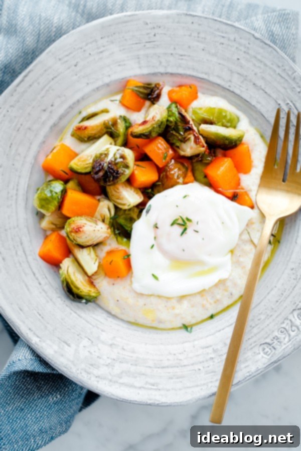 Creamy Goat Cheese Grits with Roasted Brussels Sprouts, Squash, and Poached Eggs 4 Creamy Goat Cheese Grits with Roasted Brussels Sprouts and Squash and Poached Eggs