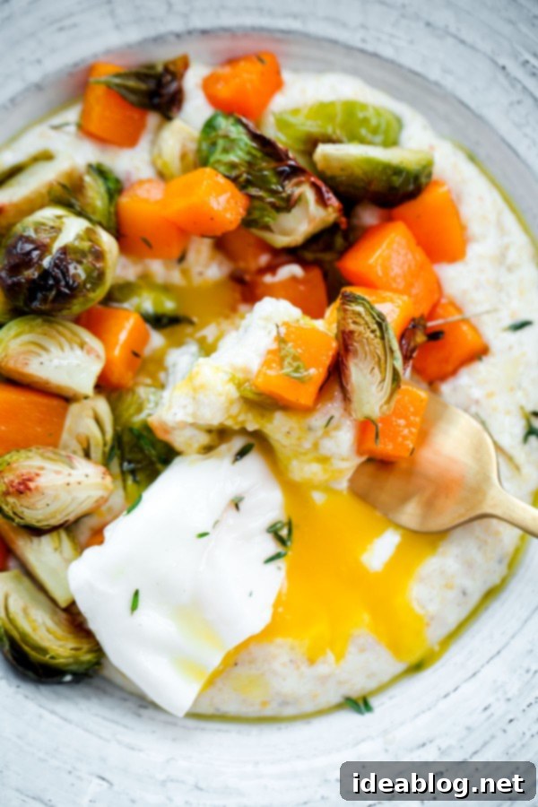 Creamy Goat Cheese Grits with Roasted Brussels Sprouts, Squash, and Poached Eggs 5 Creamy Goat Cheese Grits with Roasted Brussels Sprouts and Squash and Poached Eggs