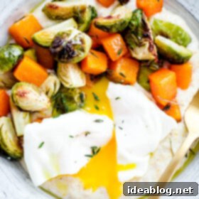 Creamy Goat Cheese Grits with Roasted Brussels Sprouts, Squash, and Poached Eggs 6 Creamy Goat Cheese Grits with Roasted Brussels Sprouts and Squash and Poached Eggs. A delicious, EASY vegetarian dinner recipe!